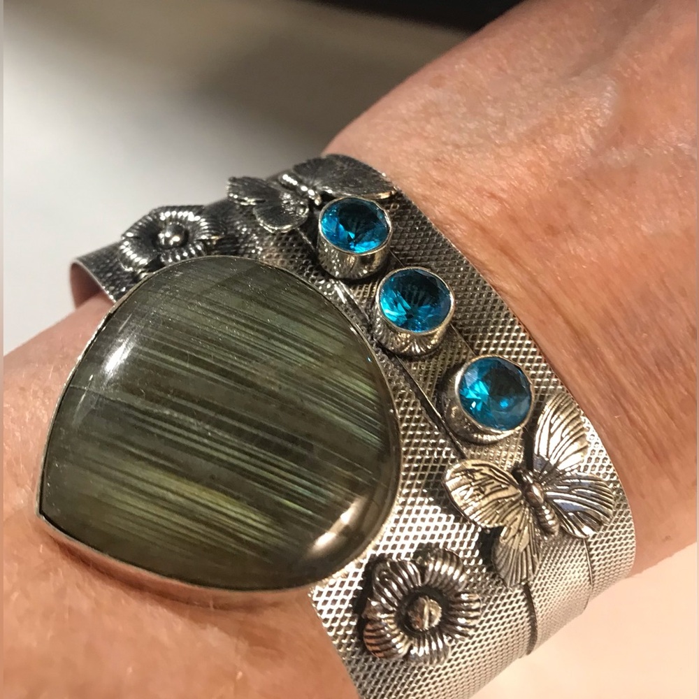 Labradorite Blue Topaz Stamped 925 Sterling Silver Cuff Bracelet